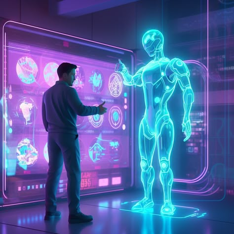 An animated, friendly AI character assisting a human in a futuristic UI/UX design process, with holographic screens displaying different interface elements, neon color palette, and 2D stylized graphics. Futuristic Lab, Neon Color Palette, Augmented Reality Art, Reality Art, Neon Colour Palette, Cyberpunk Games, Ux Design Process, Training For Beginners, Holographic Displays