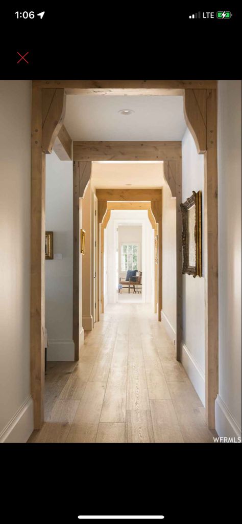 Flat Ceiling Beams Living Room, Beams In Hallway, Organic Modern Hallway, Interior Doorway, Ceiling Beams Living Room, Alcove Ideas, Natural Wood Trim, Beams Living Room, Organic Modern Style