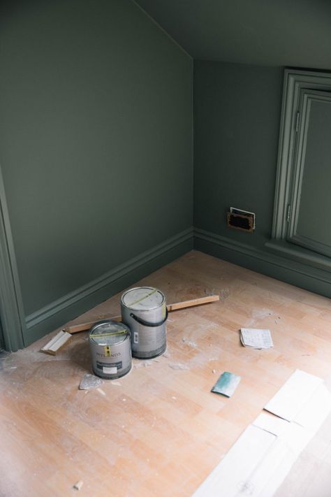 Skirting Same Colour As Walls, Paint Skirting Boards Same As Walls, Green Skirting Boards, Skirting Board Ideas, Painted Skirting, Valspar Green, Factory Conversion, Movie Rooms, Painted Hallway