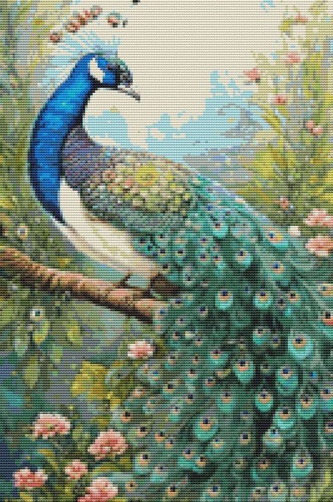 Peacock Cross Stitch Pattern - avaloncrossstitch. Cross Stitch Pattern Peacock. This cross stitch Cross Stitch Peacock, Peacock Cross Stitch Pattern, Fine Art Cross Stitch, Peacock Pattern, Cross Stitch Love, Dmc Thread, Someone Special, Stitch Embroidery, Peacocks