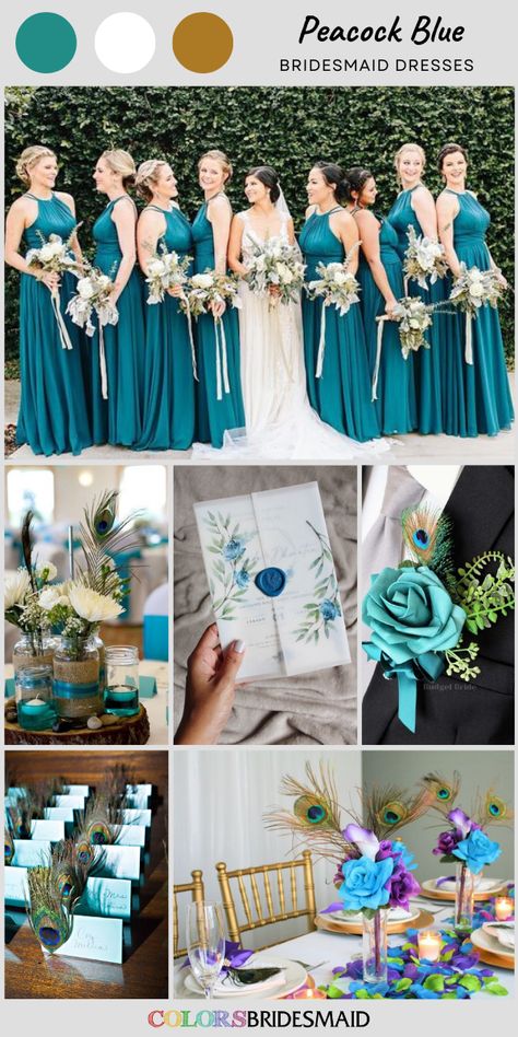 Peacock Blue Wedding Colors, Peacock Blue Wedding Theme, Peacock Wedding Theme Color Schemes, Peacock Color Wedding Theme, Peacock Color Wedding, Bridesmaid Dresses Peacock, Teal Wedding Dress, Peacock Wedding Colors, Peacock Wedding Dresses