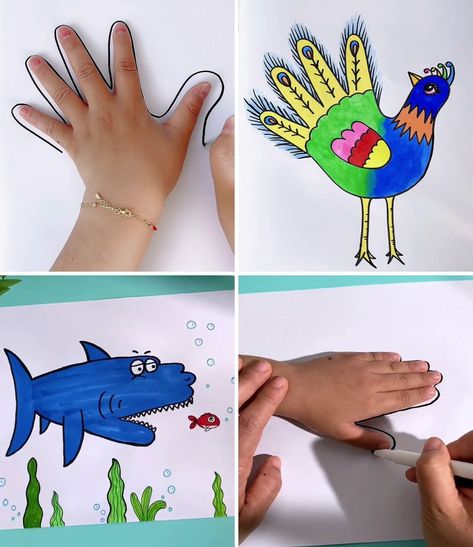 Easy Drawing Tricks For Kids With Your Hand | drawing | Drawing Tricks You'll Want To Try Right Away :) | By Kidpid Hand Tracing Art For Kids, Drawing Tricks For Kids, Hand Print Crafts For Kids, Easy Painting For Kids, Learning To Draw For Kids, Drawing Tricks, Drawing Pictures For Kids, Easy Hand Drawings, Hand Outline