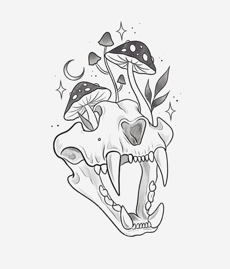 Cat Skull Mushroom Tattoo, Simple Animal Skull Drawing, Reindeer Skull Tattoo, Cottage Core Flash Tattoo, Mushroom Moon Drawing, Tattoo Ideas Female Mushroom, Witch Vibe Tattoo, Halloween Mushroom Tattoo, Small Pretty Tattoos Simple