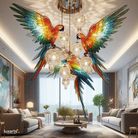 Macaws Shaped Chandeliers 🦜💡 #MacawChandeliers #TropicalElegance #VibrantLighting Illuminate your space with tropical flair using Macaws Shaped Chandeliers. Crafted to resemble the majestic beauty of macaw birds, these chandeliers bring vibrant colors and exotic charm to any room. Elevate your décor with Macaws Shaped Chandeliers, where every light casts a spell of tropical elegance. 🌟🌴✨ https://luxarts.net/macaws-chandeliers/ Funky Furniture, Dream House Interior, Nature Inspired Design, Tropical Birds, Diffused Light, Source Of Inspiration, Home Living Room, Love Art, Chandeliers