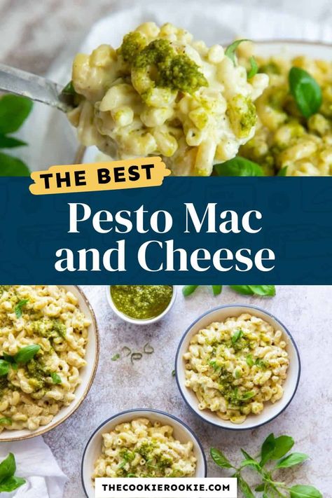 Pesto Mac and Cheese is a fun, vibrant twist on the classic dish! The basil pesto cuts through the creamy, cheesy pasta for a wonderful depth of flavor. Pesto Mac And Cheese Recipe, College Student Meals, Pesto Mac And Cheese, Creamy Cheesy Pasta, Pasta Bakes, Easy Mac N Cheese, Mac And Cheese Casserole, Delicious Sides, Havarti Cheese