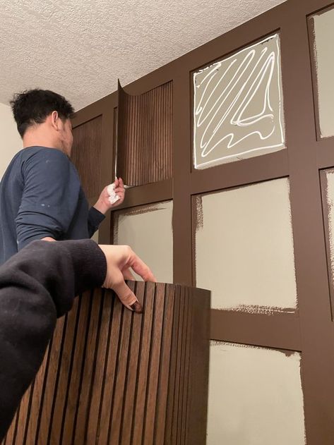 Bathroom Wallpaper Brown Cabinets, Reeded Wall Paneling, Dark Brown Wainscoting, Stained Pole Wrap, Wood Beadboard Walls, Pole Wrap Kitchen Cabinet, Stained Beadboard Walls, Brown Beadboard, Reeded Cabinets