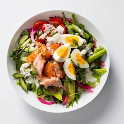 Hearty Green Salad with Hot-Smoked Salmon | Cook's Illustrated Hot Smoked Salmon, Cooks Illustrated Recipes, Smoked Salmon Salad, Dill Recipes, Quick Pickled Onions, Green Salad Recipes, Illustrated Magazine, Hard Cooked Eggs, America's Test Kitchen Recipes