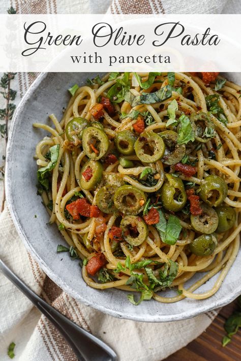 Green Olive Pasta Recipe, Recipes Using Olives, Green Olive Recipes, Olive Pasta Recipes, Pasta Olives, Green Olive Pasta, Pasta With Pancetta, Olive Pasta, Orzo Risotto