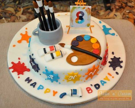 Artist's cake with handmade brushes, easel and paints Artist Cake Design, Artist Cake Ideas, Artistic Cakes Design, Painter Cake Ideas, Paint Palette Cake Ideas, Artist Palette Cake, Cake For Painter Artists, Painters Palette Cake, Music Note Birthday Cake