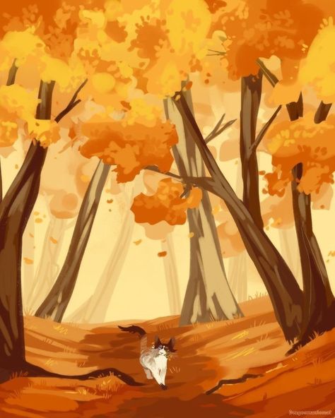 Forest Drawing, Fall Drawings, 동화 삽화, Warriors Cats, Cat Doodle, Autumn Illustration, Warrior Cats Art, Forest Illustration, Landscape Artwork