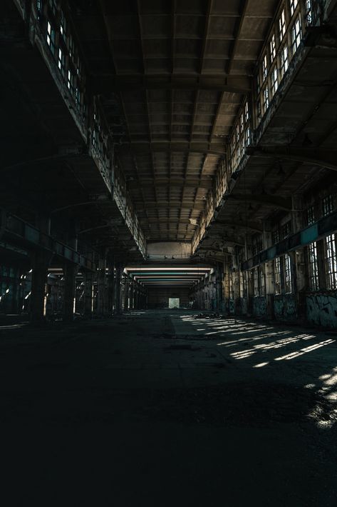 Grey Building, Warehouse Building, Abandoned Warehouse, The Heist, Corridor Lighting, Warehouse Design, Living Room Decor Gray, Industrial Warehouse, Dark Matter