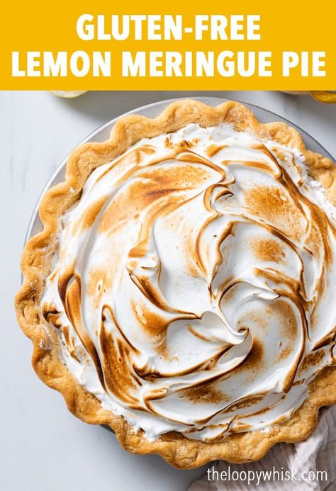 Easy Gluten Free Lemon Meringue Pie - This is the best (and the easiest) gluten free lemon meringue pie you’ll ever make. With a perfectly flaky pie crust, a creamy and just-tart-enough lemon filling (that slices beautifully with no runniness) and a small mountain of fluffy toasted Swiss meringue topping, it’ll be a hit with absolutely everyone, even non-gluten-free folks. Gluten free pie recipes. Gluten free recipes. Gluten free desserts. Thanksgiving dessert recipes. Thanksgiving recipes. Gluten Free Lemon Meringue Pie Recipe, Gluten Free Pie Recipes, Gluten Free Lemon Meringue Pie, Gluten Free Tart Recipe, Gluten Free Lemon Desserts, Gluten Free Lemon Meringue, Dessert Recipes Gluten Free, Gluten Free Desserts Cookies, Gluten Free Pies Recipes