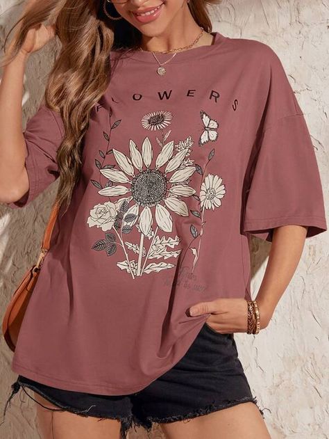 EMERY ROSE Floral & Slogan Graphic Drop Shoulder Oversized Tee | SHEIN USA Shorts Skirt, Drop Shoulder Tee, T Shirt Oversize, Summer Vintage, Fabric Floral, Women T Shirts, Oversized Tee, Summer Tops, Half Sleeve