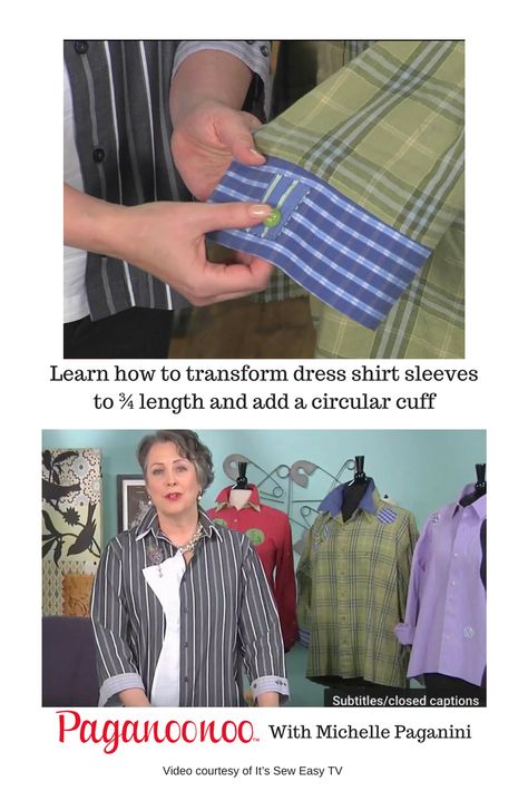 Upcycling Tip: Shorten a dress shirt sleeve to ¾ length and add a circular cuff. Long Sleeve Cuff Ideas, Upcycling Long Sleeve Shirts, Vintage Long Sleeve Shirt With Button Cuffs, How To Upcycle Mens Dress Shirts, Sweater Sleeves Upcycle, Altering Jeans, Reworked Clothing, Thrift Store Refashion, Embellished Shirt