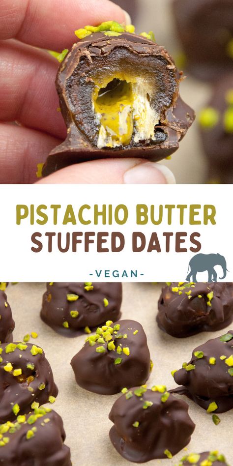 These dates stuffed with pistachio butter, covered in chocolate, and sprinkled with chopped pistachios are a real treat! They taste just like fancy pralines! | ElephantasticVegan.com #dates #pistachio Pistachio Bars Healthy Snacks, Pistachio Stuffed Dates, Dates And Pistachios, Savory Pistachio Recipes, Pistachio Butter Recipe Ideas, Pistachio Cake Pops, What To Do With Pistachio Shells, Recipes With Pistachio Butter, Pistachio Butter Uses