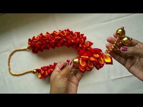 HOW TO MAKE EASY RIBBON GARLAND/RIBBON MAALA FOR DIWALI POOJAS & DECORATIONS - YouTube Graduation Leis Diy Ribbons, College Graduation Party Decorations, Graduation Leis Diy, Hawaiian Crafts, Flower Garland Wedding, Ribbon Lei, Ribbon Garland, Graduation Leis, Fabric Garland