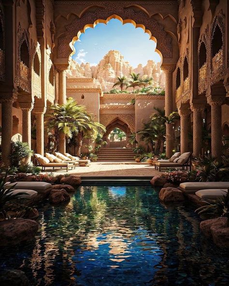 Arabian Palace Fantasy Art, Desert Palace Concept Art, Arabian Palace, Fantasy Rooms, Fantasy City, Fantasy Castle, Fantasy Places, Fantasy Art Landscapes, Fantasy Aesthetic