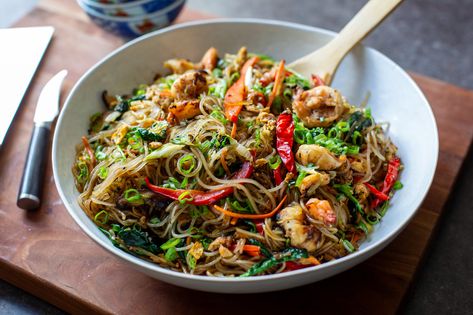 Shrimp Japchae - Andrew Zimmern Shrimp Japchae, Potato Starch Noodles, Cooking Korean Food, Korean Noodle Dishes, Shrimp Fritters, Shrimp Noodles, Andrew Zimmern, Noodle Dish, Kimchi Recipe