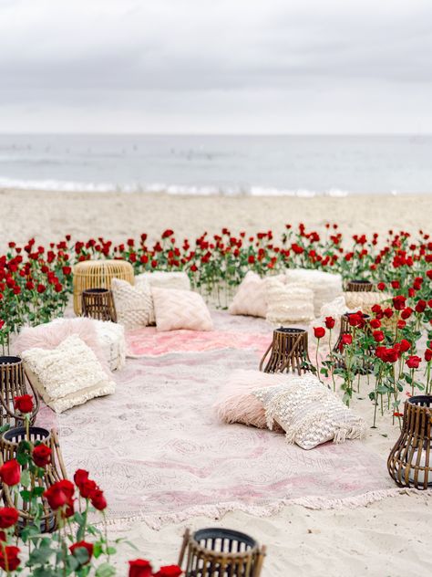 Roses In Sand Proposal, Romantic Beach Proposal, Proposal Roses, Beach Proposal Setup, Floral Proposal, Proposal Set Up Ideas, Beach Proposal Ideas, Beach Proposals, Garden Proposal