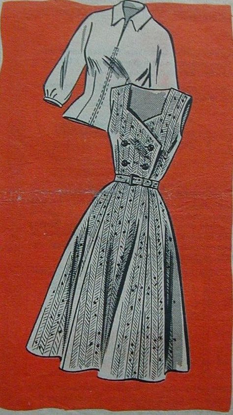 1950s Shirts For Women, Shirt Dress Vintage, Vintage Dress Patterns 1950s, Jumper Dress Pattern, Vintage Pinafore, Vintage Clothes Patterns, Double Breasted Dress, Patron Vintage, Fabric Patterns Design