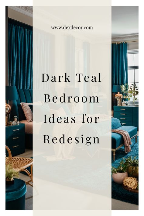 Luxurious bedroom with dark teal decor, including curtains, bedspread, and furniture, elegantly styled with gold accents. Teal Black And Gold Bedroom, Teal And Gold Bedroom, Teal Blue Bedroom, Dark Teal Bedroom Ideas, Teal Bedroom Designs, Dark Teal Bedroom, Teal Bedroom Ideas, Kitchen Tile Inspiration, Ensuite Bathroom Designs