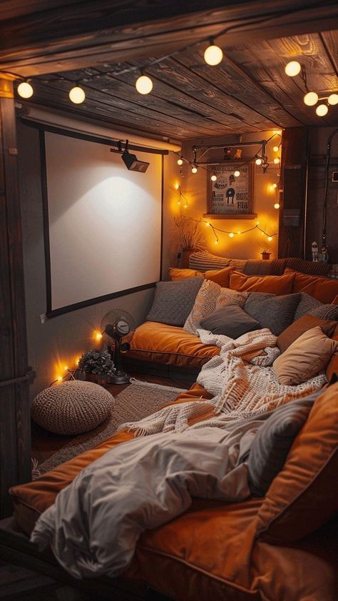 Babe Cave Ideas Basements, Leisure Room Ideas, Hangout Room Ideas Woman Cave, Small Cinema Room, Home Theater Room Ideas, Small Movie Room, Home Theatre Room Ideas, Small Theatre Room, Small Theater Room