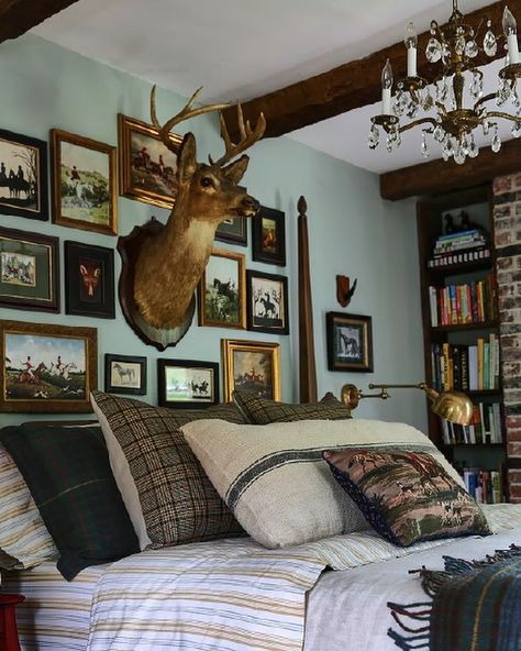 Living Room Decor Deer Mounts, Deer Head Gallery Wall, Bedroom With Taxidermy, Deer Mount Living Room Decor, Deer Heads In Living Room, Deer Mount Bedroom Ideas, Decorating Around Deer Mounts, Classy Taxidermy Decor, Taxidermy Gallery Wall