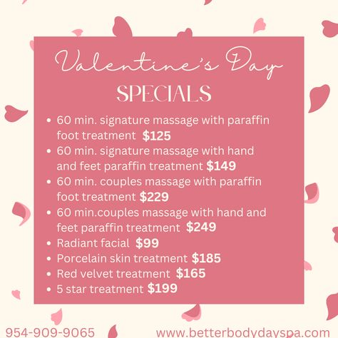 Valentine's Day Treat! Get that special someone something they'll love and enjoy! Book with us today by giving us a call at 954-909-9065 to schedule an appointment today! #vday #spa #fortlauderdale Valentines Spa Ideas, Valentines Spa Specials, Spa Promo, Med Spa Marketing, Facial Room, Couples Spa, Spa Specials, Spa Marketing, Esthetician Marketing