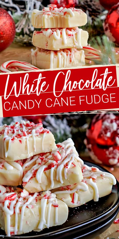 White Chocolate Candy Cane Fudge! Easy No Bake Christmas Fudge Recipe! Easy to make and perfect for Christmas Parties and the Holidays! Make this for friends, neighbors, and co-workers! Cheap & Easy Food Gift Idea! #lemonpeony #christmasfudge #candycane #peppermintfudge #nobake #nobakedesserts Candy Cane Fudge Easy, White Chocolate Candy Cane Fudge, White Chocolate Christmas Fudge, No Bake Candy, Baked Fudge Recipe, Candy Cane Fudge, Easy Food Gifts, Candy Cane Recipe, Christmas Candy Easy