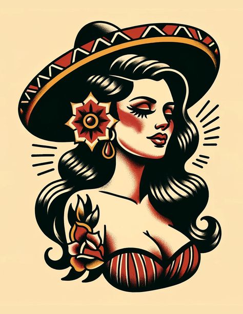 Sombrero Woman Traditional Tattoo Art Print - Etsy Tattoo Ideas For Portfolio, American Traditional Tattoos Mexican, Mexican Hat Tattoo, Traditional Tattoo Art Print, Womens Traditional Sleeve Tattoo, Old School American Tattoo, American Traditional Women Tattoo, Women American Traditional Tattoo, Old School Lady Tattoo