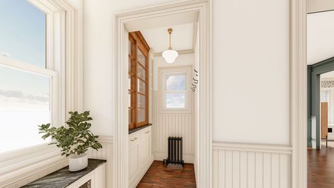 Modern Victorian Kitchen Design, Old English Kitchen, Modern Victorian Kitchen, Renovation Husbands, Victorian Kitchens, Kitchen Triangle, Beige Paint Colors, Inset Cabinetry, Beige Trim