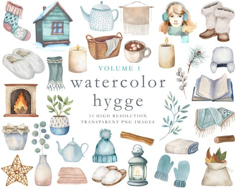 Watercolor Hygge Clipart Cozy Fall Cozy Winter Watercolor - Etsy Hygge Illustration, 1 Clipart, Winter Clipart, Winter Watercolor, Stickers Kawaii, Watercolor Fashion, Etsy Christmas, Party Banners, Christmas Illustration