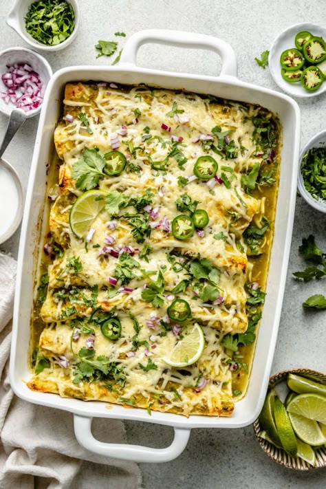 Gluten Free Green Enchiladas, Healthy Enchilada Bake, Healthy Green Chicken Enchiladas, Paleo Chicken Enchiladas, Easy Green Enchiladas Chicken, Healthy Leftover Chicken Recipes, Easy Healthy Enchiladas, Weeknight Healthy Dinners, Protein Enchiladas