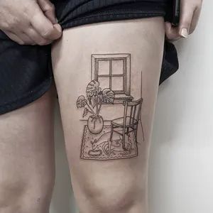 Room Tattoo Design, Window Scene Tattoo, Armchair Tattoo, Apartment Tattoo, Window Tattoo Simple, Interior Design Tattoo, Couch Tattoo, Stained Glass Window Tattoo, Nan Tattoo