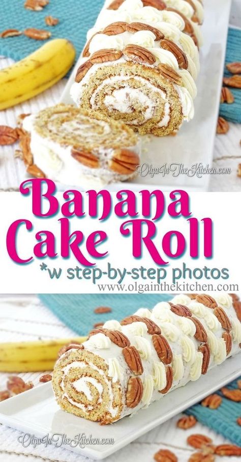 Banana Cake Roll, Roulade Cake, Popular Desserts Recipes, Cake Banana, Cake Roll Recipes, Fruity Cake, Pavlova Recipe, Healthy Cake Recipes, Macaroon Recipes