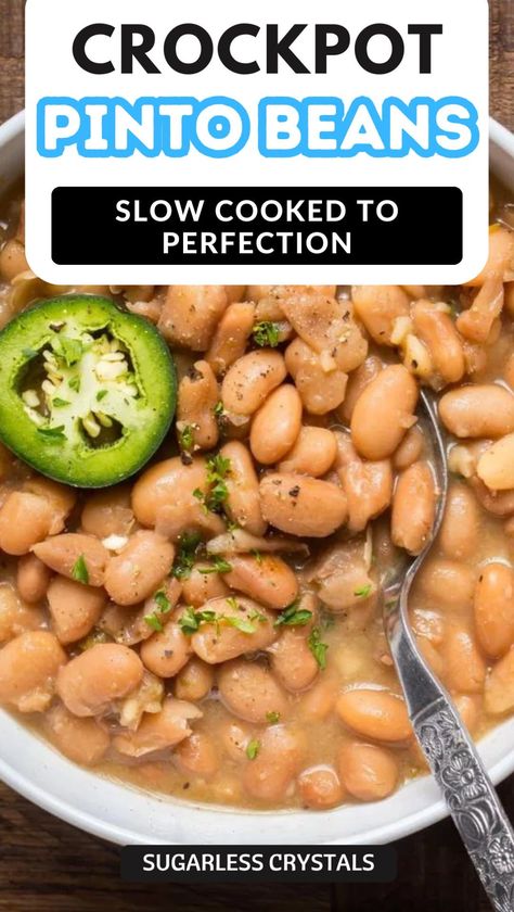 Easy crockpot pinto beans are the perfect side dish or topper for many latin cuisine dishes. These pinto beans are slow cooked to perfection with little effort. The best homemade slow cooker pinto beans recipe for the best vegetarian side dish Crockpot Pinto Beans, Southern Pinto Beans Recipe, Slow Cooker Pinto Beans, Pinto Beans Recipe, Vegetable Entrees, Beans In Crockpot, Pinto Bean Recipes, Yummy Vegetable Recipes, Dinner Recipes Healthy Family