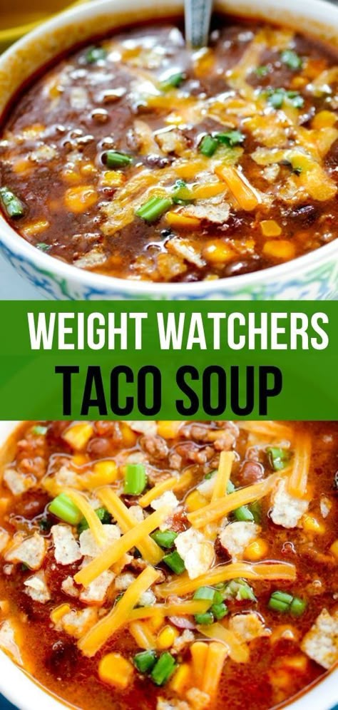 Weight Watcher Taco Soup Recipe with Smart Points. Warm and delicious, great for Fall! Weight Watcher Taco, Slow Cooker Taco Soup, Recipe Diaries, Slow Cooker Taco, Weight Watchers Meal Plans, Weight Watcher Meals, Weight Watchers Soup, Taco Soup Recipe, Weight Watchers Recipes Desserts