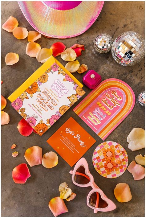 How to Create a Retro Inspired Wedding with Vibrant Colors and Groovy Details - himherphoto.com Colorful Invitations Wedding, Colourful Retro Wedding, Colour Pop Wedding, Groovy Glam Bachelorette, Kitsch Wedding Invitation, Retro Wedding Party, Retro Wedding Colors, 70s Wedding Color Palette, Groovy Wedding Decor