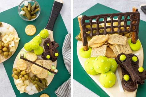 Pickleball Party Food, Diy Charcuterie Board Ideas, Diy Charcuterie Board, Pickle Party, Pickleball Party, Tennis Party Ideas, Fondant Roller, Tennis Birthday, Hors Doeuvres