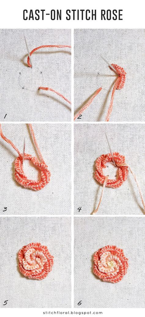 cast-on stitch rose tutorial Brazilian Embroidery Stitches, Casting On Stitches, Rose Tutorial, Hardanger Embroidery, Hand Embroidery Tutorial, Embroidery Stitches Tutorial, Learn Embroidery, Pola Sulam, Brazilian Embroidery