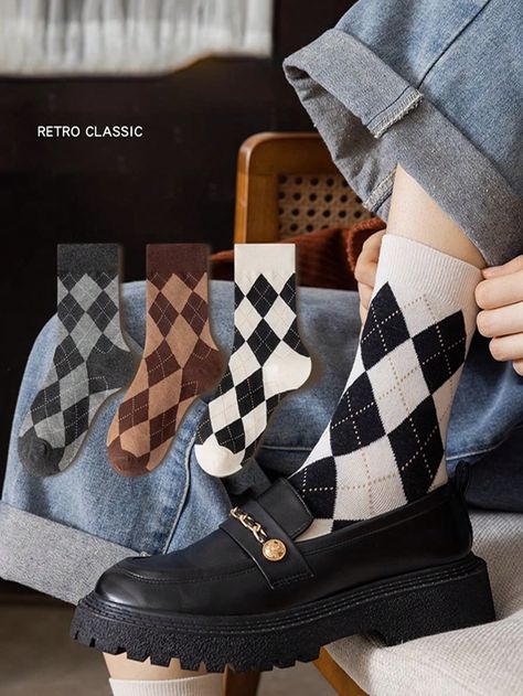 3pairs/set Women's Mid-calf Socks, Ins Style, Autumn/winter, Vintage Diamond Checkered Pattern, Korean Version, Suitable For Spring/summerI discovered amazing products on SHEIN.com, come check them out! Winter Vintage, Calf Socks, Checkered Pattern, Vintage Diamond, Sports Equipment, Fashion Online Shop, Mid Calf, Online Fashion, All Fashion