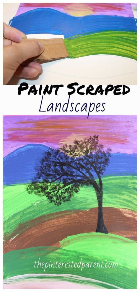 Landscape Drawing Ideas, Landscape Art Lessons, Stick Projects, Adaptive Art, Scrape Painting, Scenery Art, Sensory Art, Mauna Kea, Kids Painting