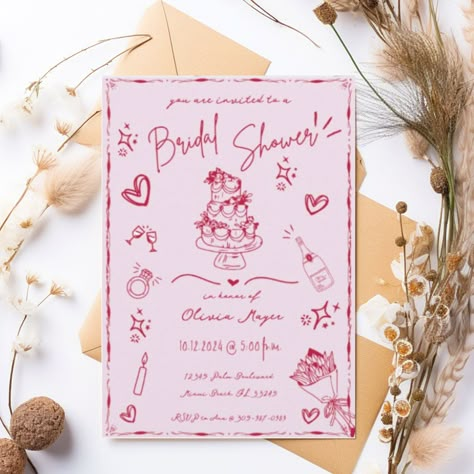 Trendy hand drawn style illustrated bridal shower invitation. Bridal Shower Illustration, Graduation Brunch, Dream Elopement, Christmas Desktop Wallpaper, Alt Wedding, Bridal Shower Invites, Bridal Shower Inspo, Christmas Desktop, Bridal Shower Planning