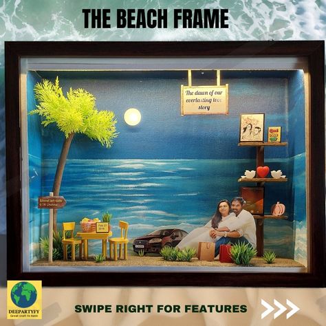 Beach frame [beach art, beach craft, beach personalized frame, beach sand, moon light, beach and moon] #explorepage #beachcraft #beachart #beachsand #moon #moonlight #mooncraft #personalizedgift, #handmade #customizedproduct Shadow Box Beach Ideas, Mini Frames Ideas, 3d Frame Ideas, 3d Frame Art, 3d Photo Frame, Farm Backdrop, Bunny Birthday Cake, Photo Frame Ideas, Pattern Design Drawing