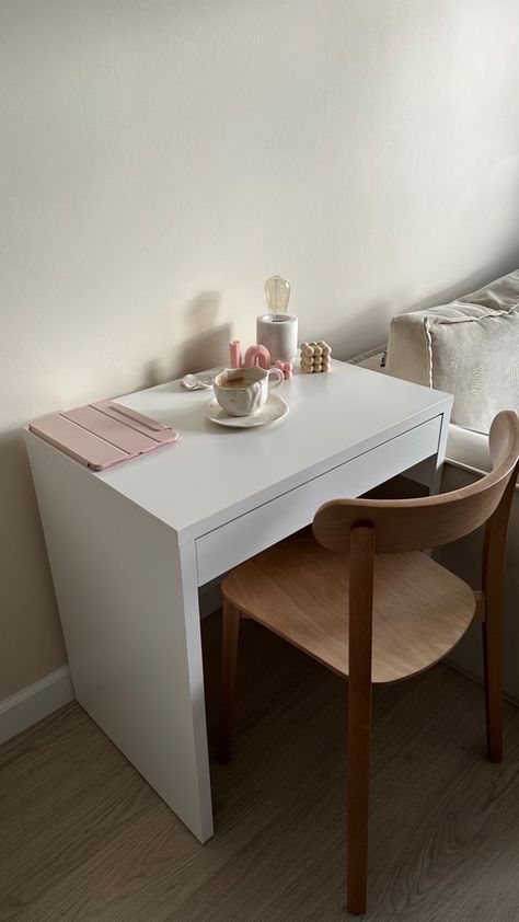 Small Work Desk Bedroom, Small Table In Bedroom, Small Ikea Desk, Small Desk Makeover, Lagos Apartment, Small Bedroom Desk, Small Study Table, Micke Desk, Aesthetic Table