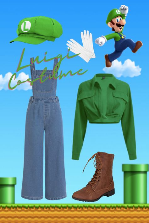 Womens Luigi Costume, Mario Dress Up, Super Mario Bros Outfit Ideas, Super Mario Outfit Ideas, Luigi Costume Women, Mario And Luigi Costumes Women, Diy Mario Character Costumes, Mario Bros Halloween Costumes, Super Mario Outfit