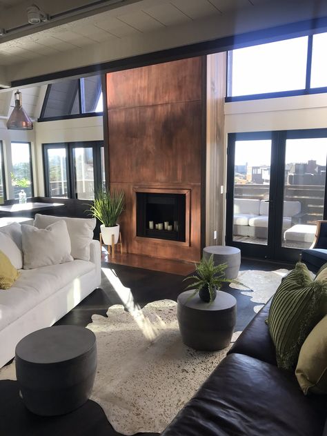 Copper Fireplace, Mid Century Modern Fireplace, River Bar, Floating Fireplace, Mid Century Flooring, Metal Fireplace, Wall Fires, Black Fireplace, Modern Condo