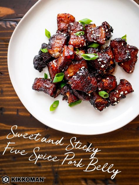 Sweet and Sticky Five Spice Pork Belly | There’s a myth that sticky pork belly takes a lot of effort to make. Sure, the cooking time is lengthy, but prep only takes about 10 minutes! Ring in the lunar new year with a beautiful recipe to share with friends and family. Since pork symbolizes blessings for the future, there’s no better way to start the Chinese New Year. #Kikkoman #pork #ChineseNewYear #LunarNewYear Five Spice Pork Belly, Chinese Five Spice Pork, Sticky Pork Belly, Five Spice Pork, Asian Pork Belly, Sharing Plates, Sticky Pork, Asian Pork, Five Spice