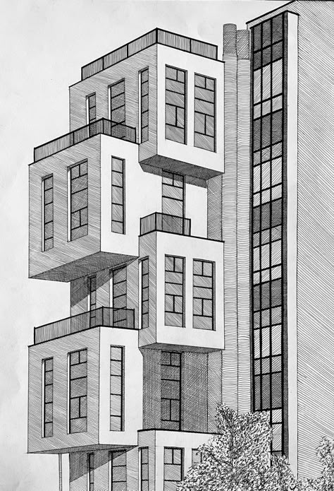 Exterior Perspective Architecture, Scenery Landscape Drawing, Step By Step Perspective Drawing, Sketch Ideas Landscape, Easy Architecture Sketch, Perspective Sketches, 5 Point Perspective, Buildings Sketch Architecture, Architecture Perspective