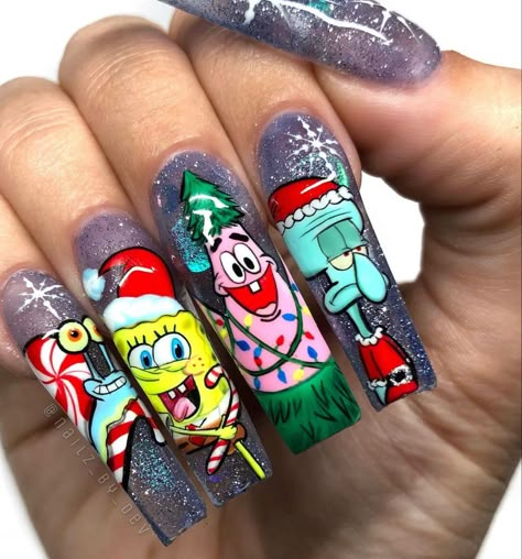 Christmas Gel Nails Designs Grinch, Cartoon Christmas Nail Art, Christmas Character Nail Designs, Thanksgiving Character Nails, Spongebob Christmas Nails, Christmas Character Nail Art, Disneyland Christmas Nails, Christmas Nails Characters, Spongebob Halloween Nails